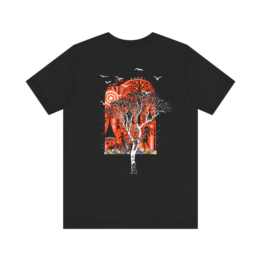 Close-up of Ancient Wonders back print on black t-shirt, red archway forest illustration detail