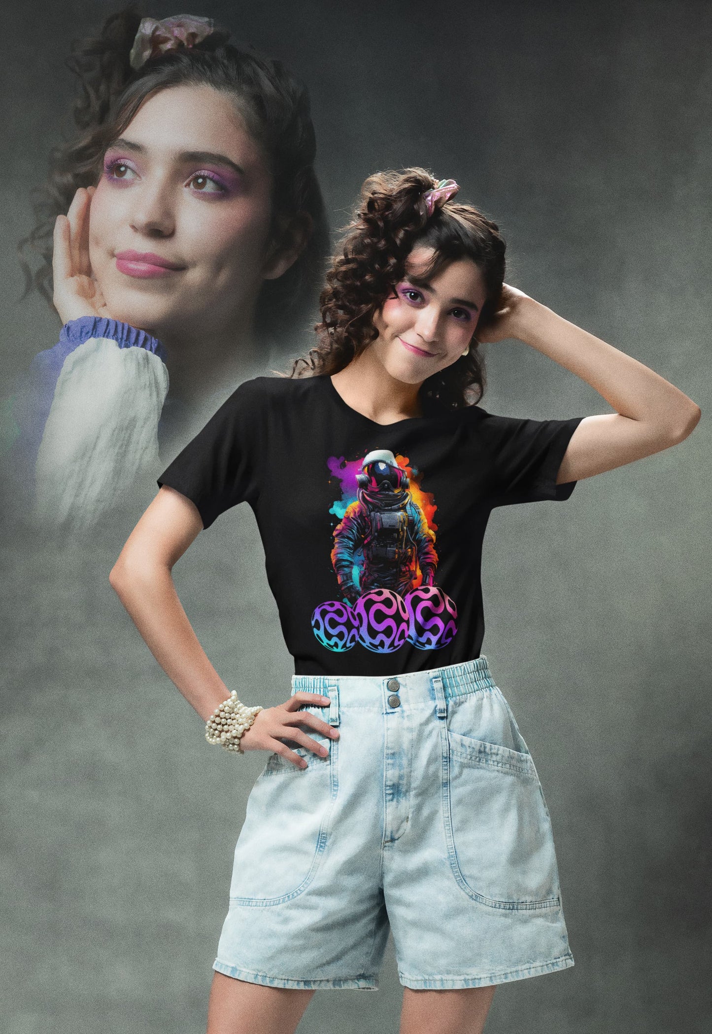 Astral Pioneer Tee, black, astronaut graphic t shirt with colorful space design