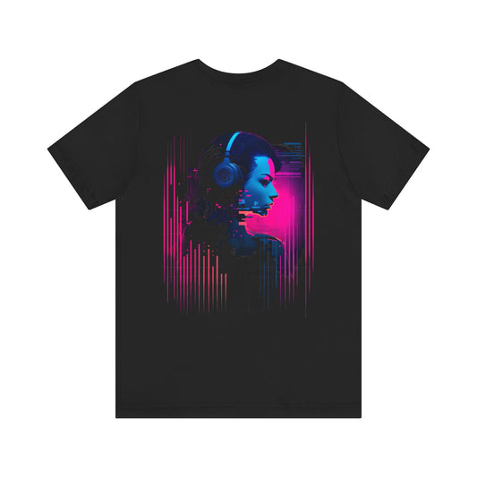 Audio Punk Tee, black, back print, neon audio graphic