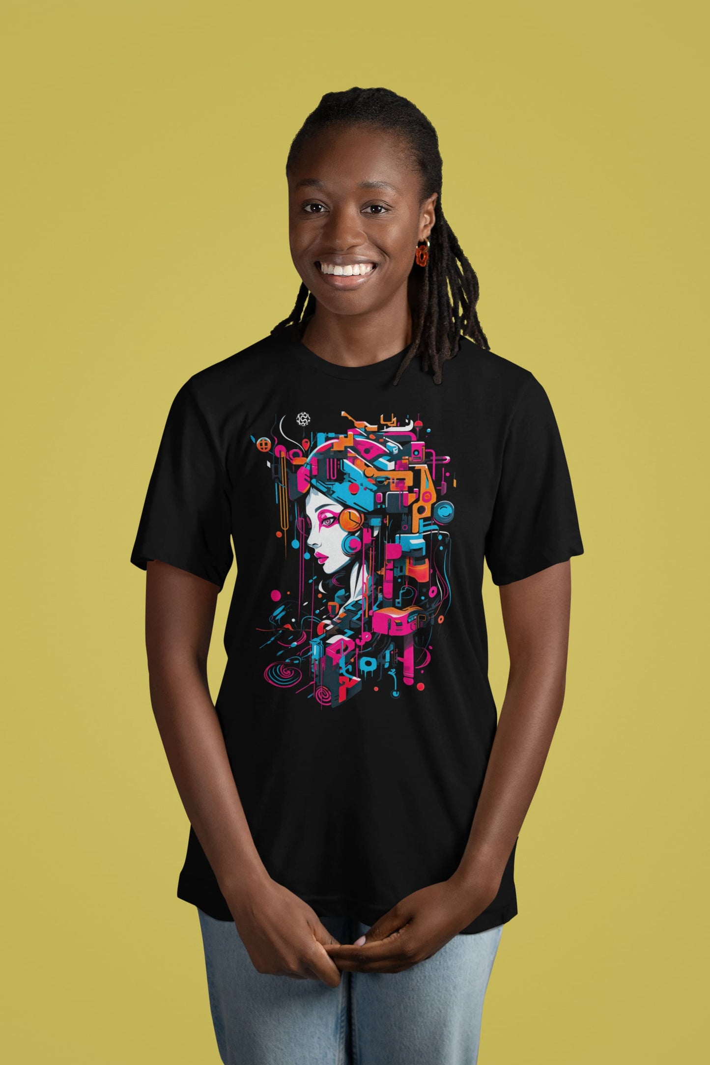 Digital Diva neon portrait tee black cyberpunk woman pink blue glitch