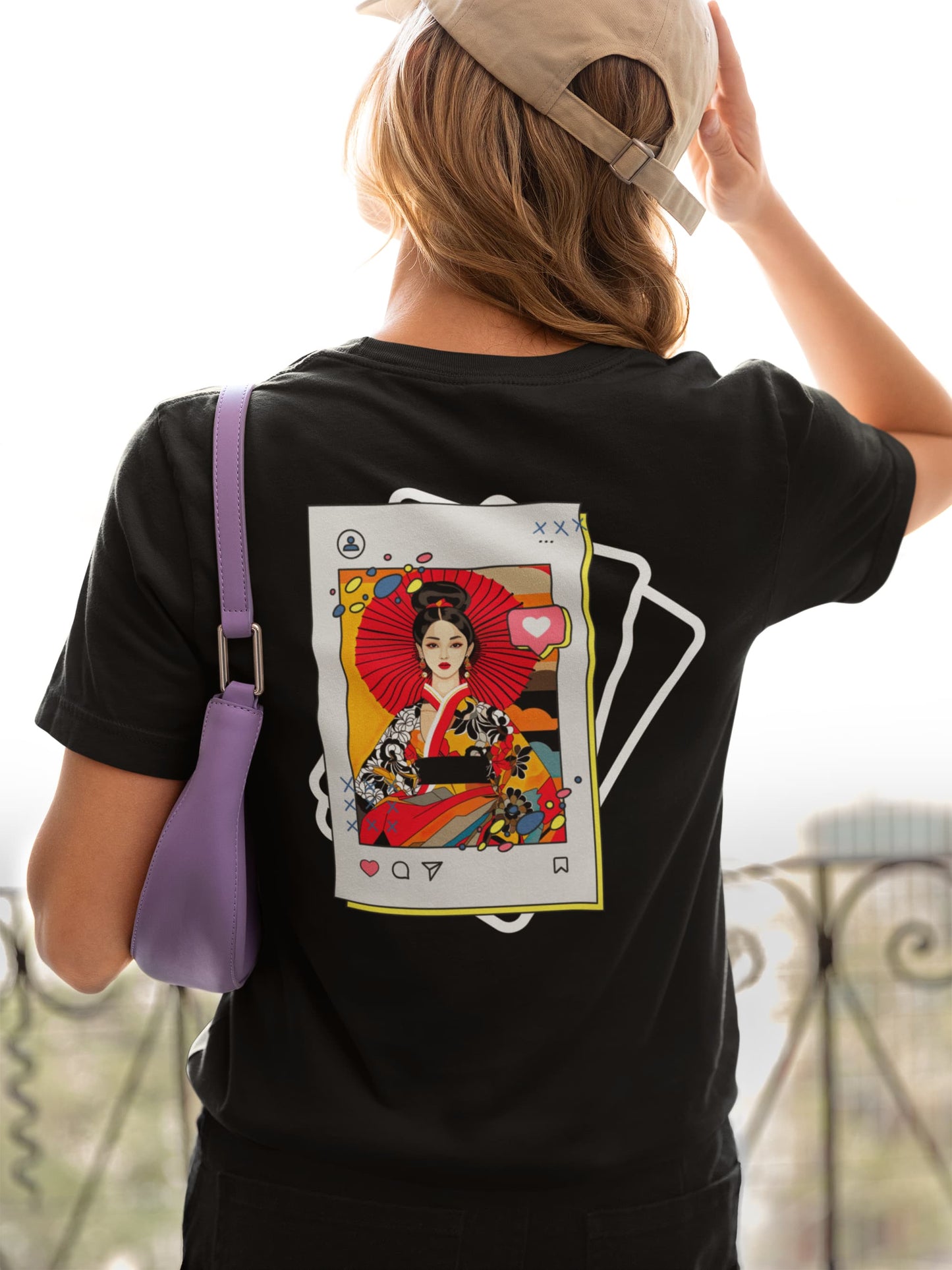 Black back print tee Modern Chic traditional kimono digital art