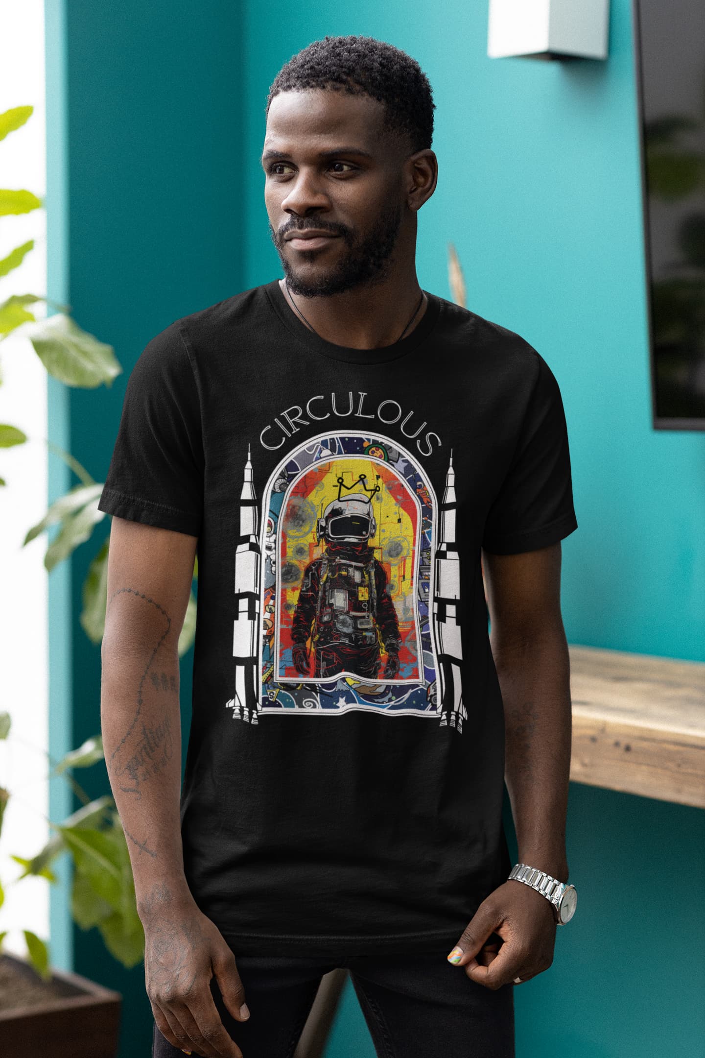 Black graphic tee Nova Sovereign royal astronaut rockets cosmic