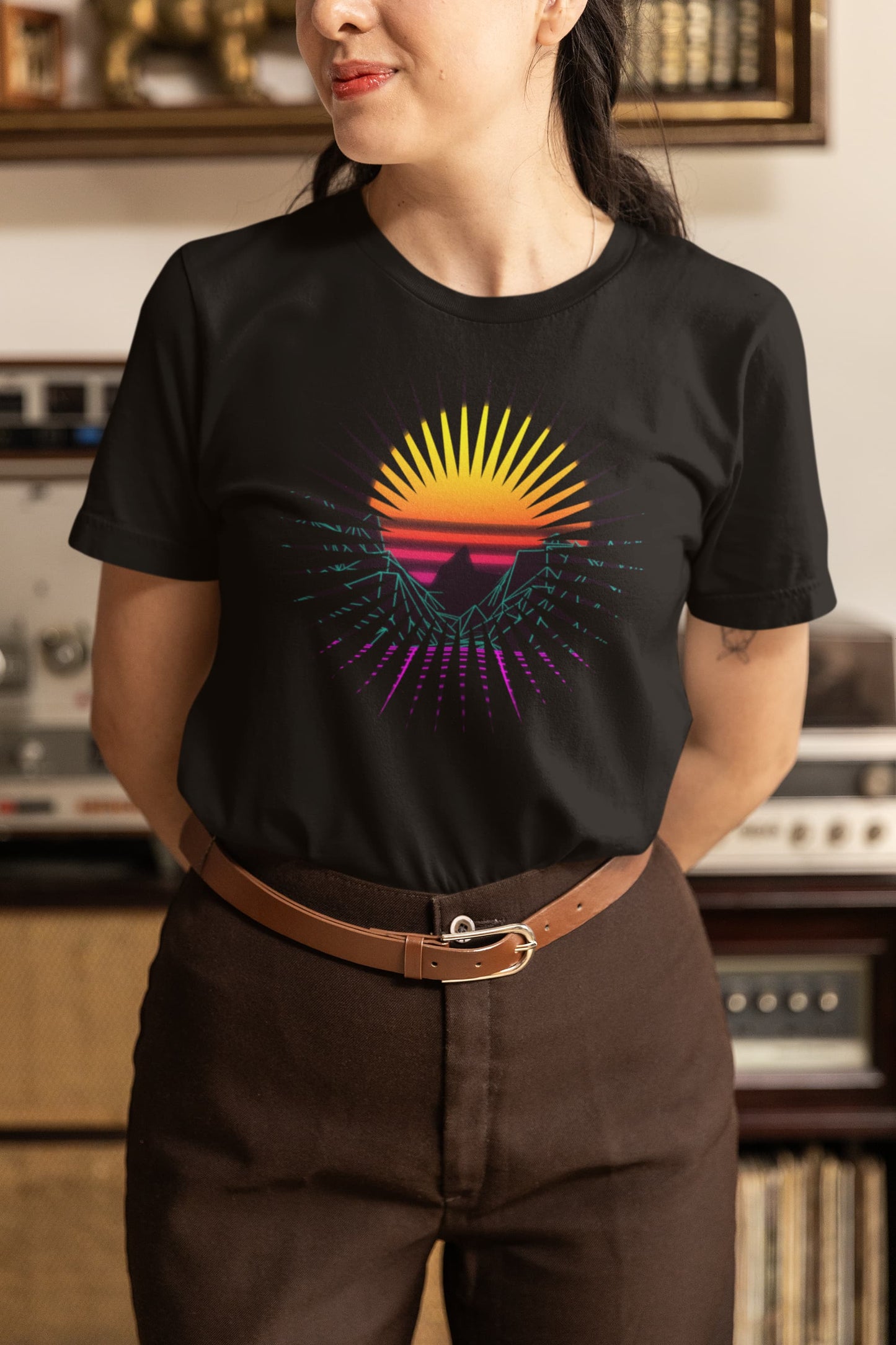 Synthwave graphic tee Sunset Splash neon palm trees sunset rays