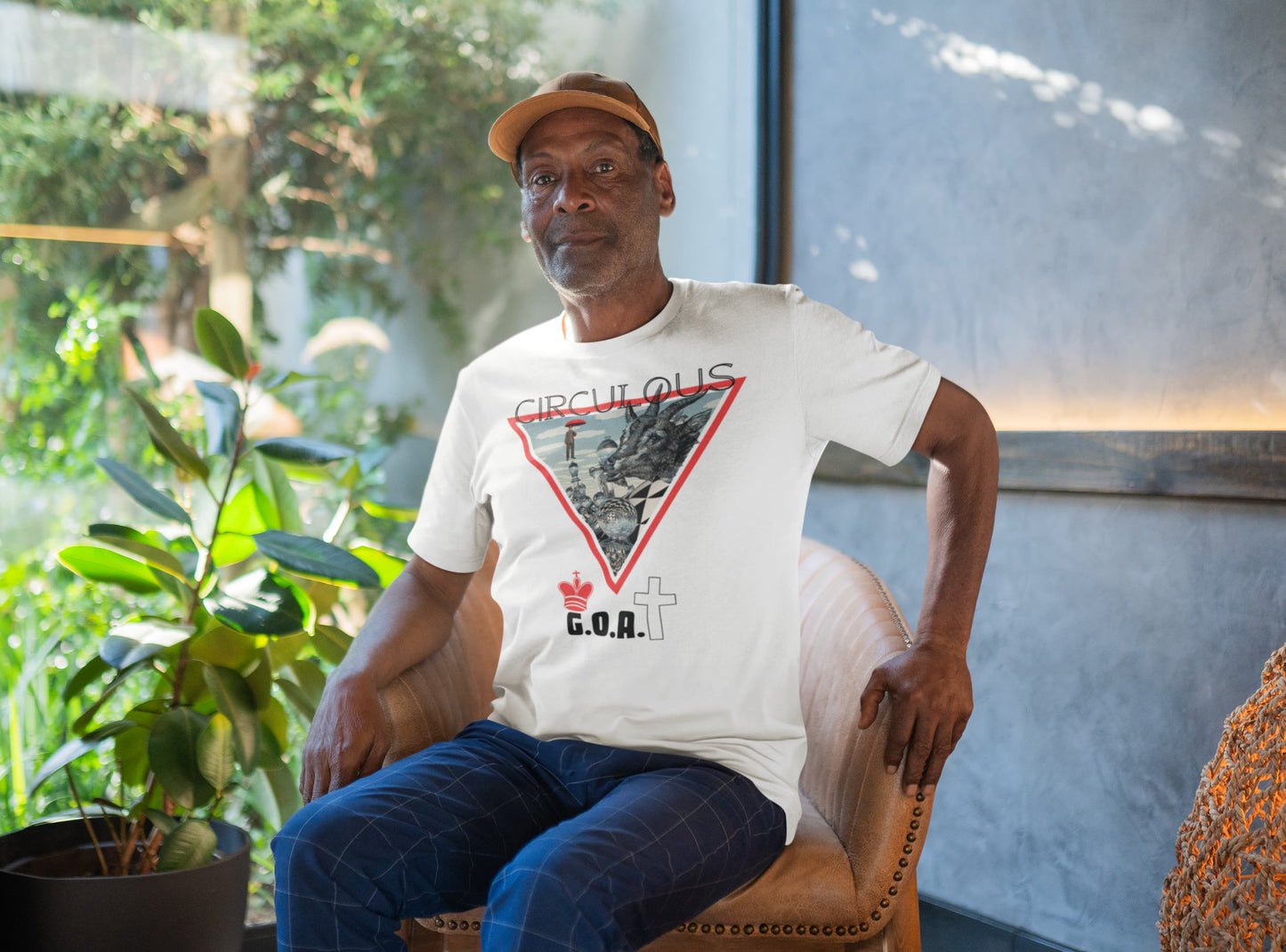 White graphic tee The G.O.A.T floating figure giant chess pieces