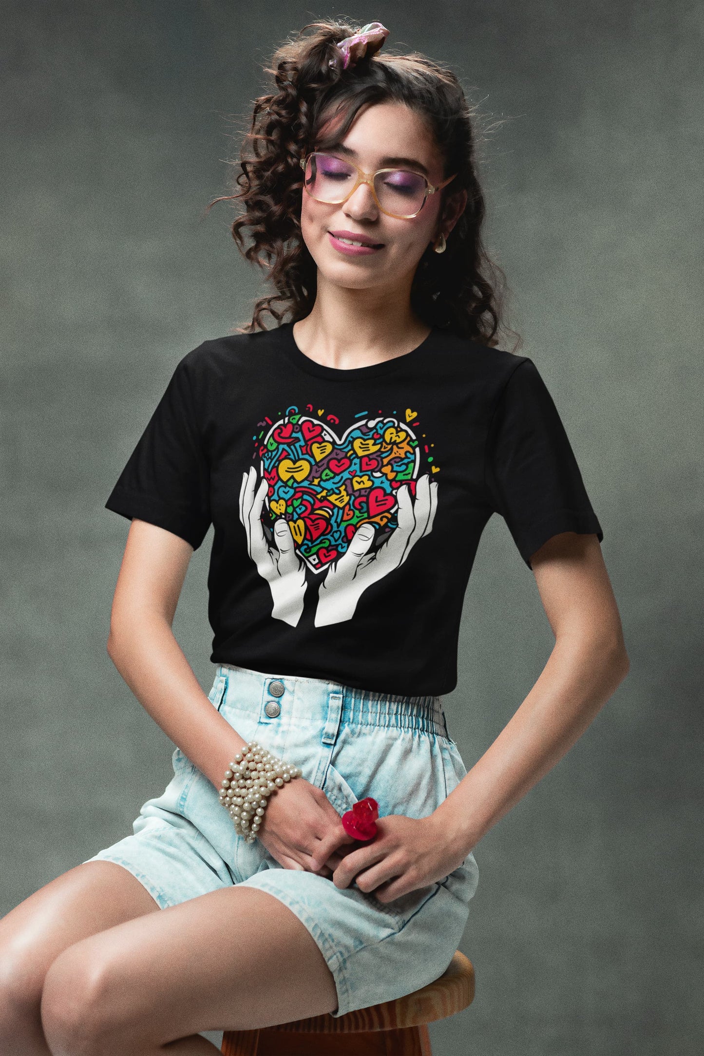 Vibrant Love street art tee graffiti hearts hands protective design