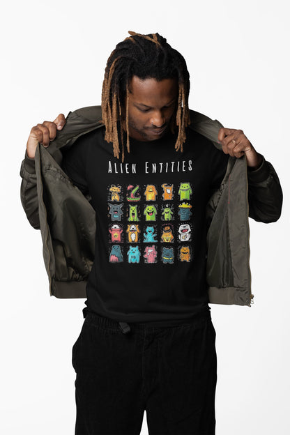 men’s lifestyle photo wearing black alien graphic t-shirt