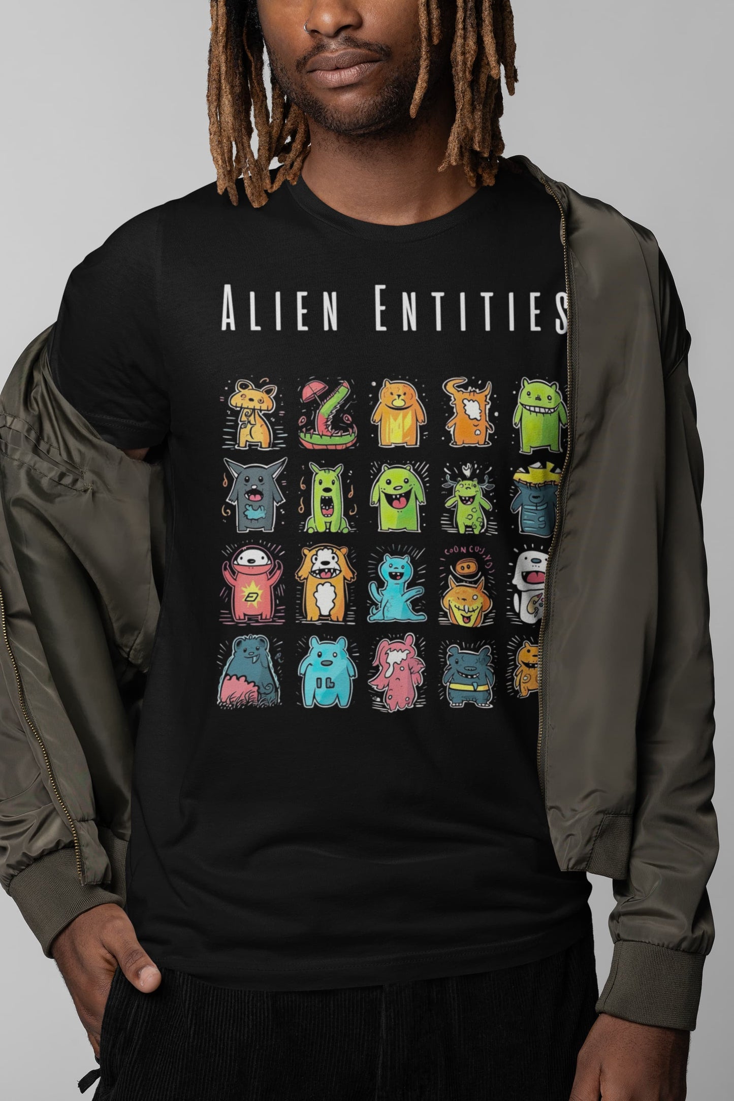 alien graphic tee with “ALIEN ENTITIES” text detail