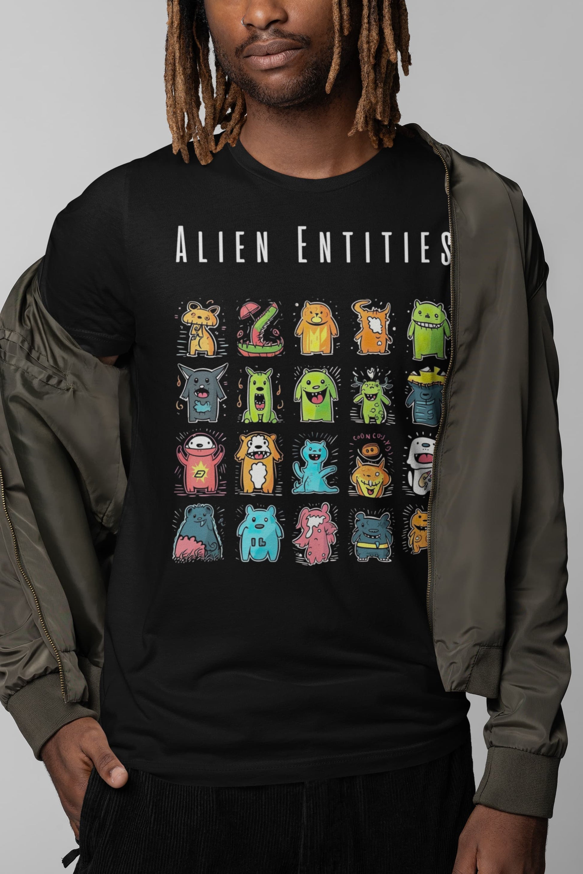 alien graphic tee with “ALIEN ENTITIES” text detail