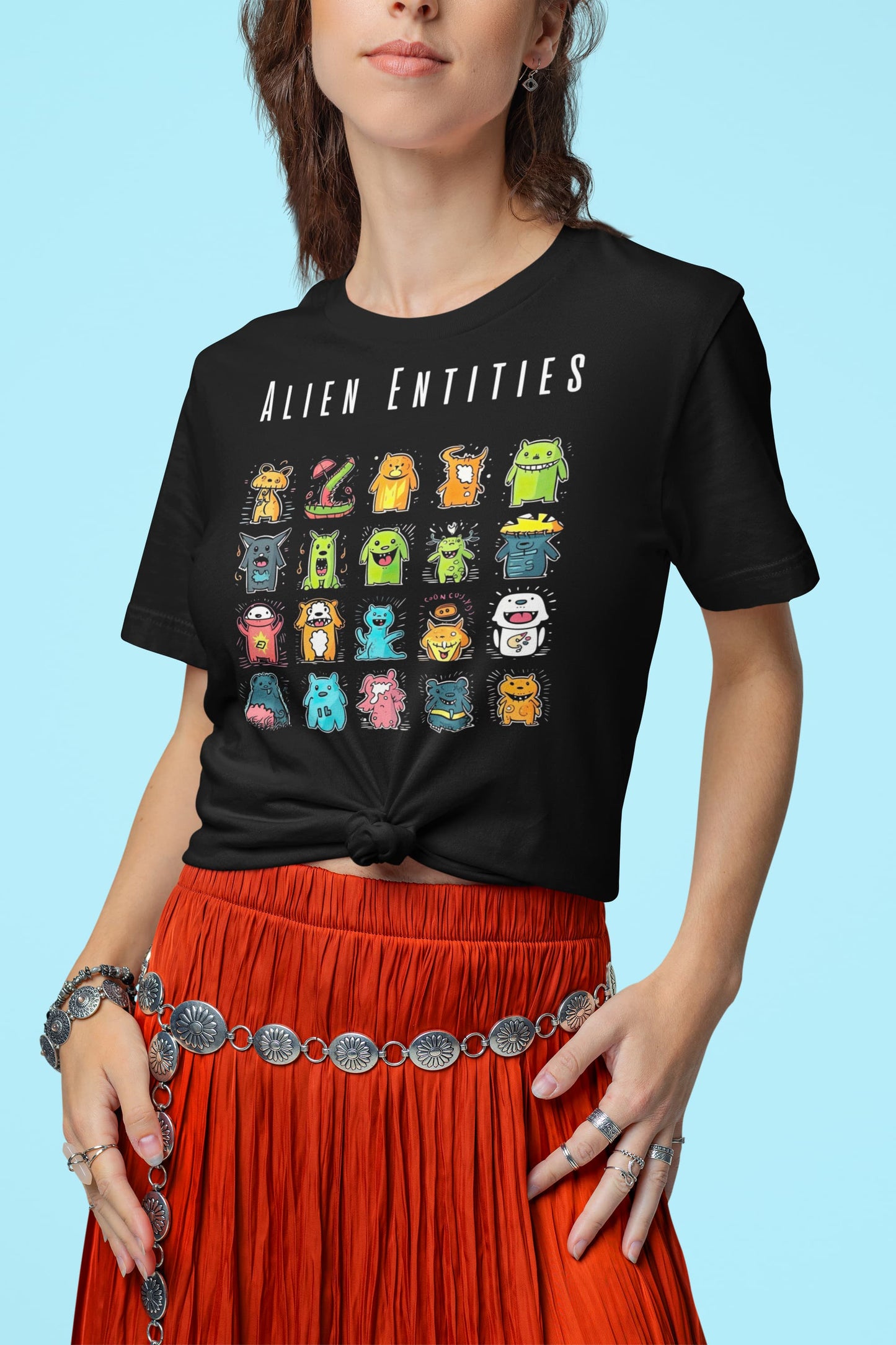 women’s lifestyle photo wearing black alien graphic t-shirt
