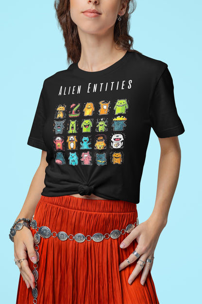 women’s lifestyle photo wearing black alien graphic t-shirt