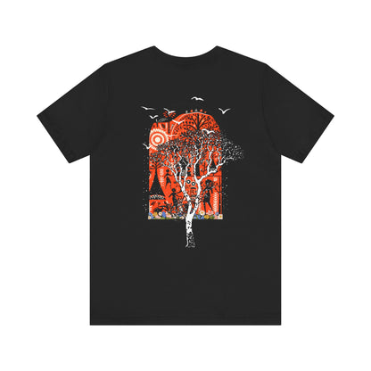Close-up of Ancient Wonders back print on black t-shirt, red archway forest illustration detail