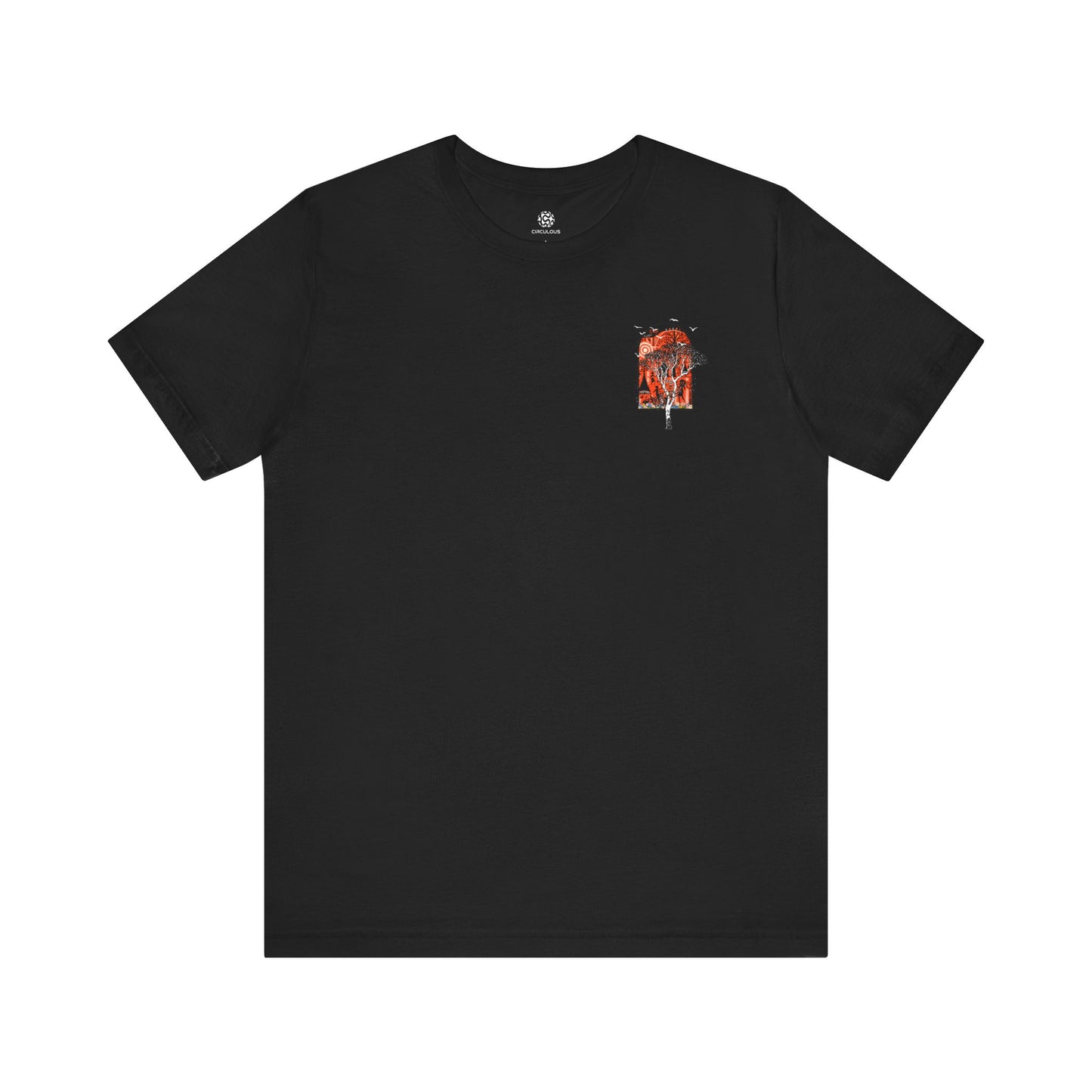Close-up of small front chest print on black Ancient Wonders Tee