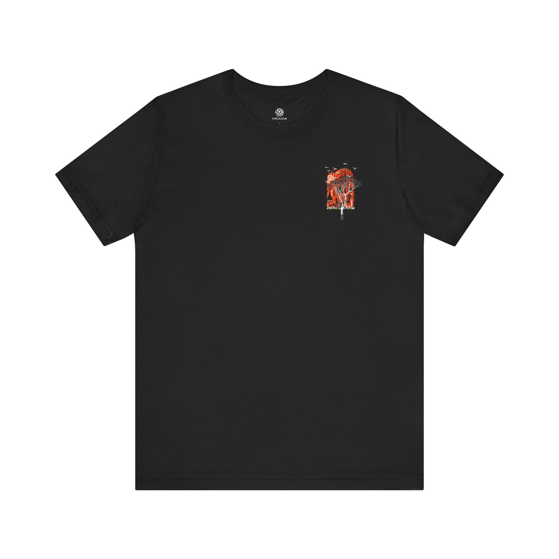 Close-up of small front chest print on black Ancient Wonders Tee