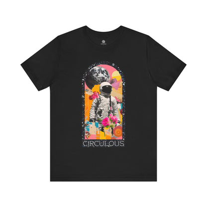Astral Garden graphic tee in black, astronaut inside a colorful portal with flowers and moon