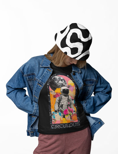 Astral Garden black tee styled with jacket, surreal astronaut garden portal graphic visible on chest