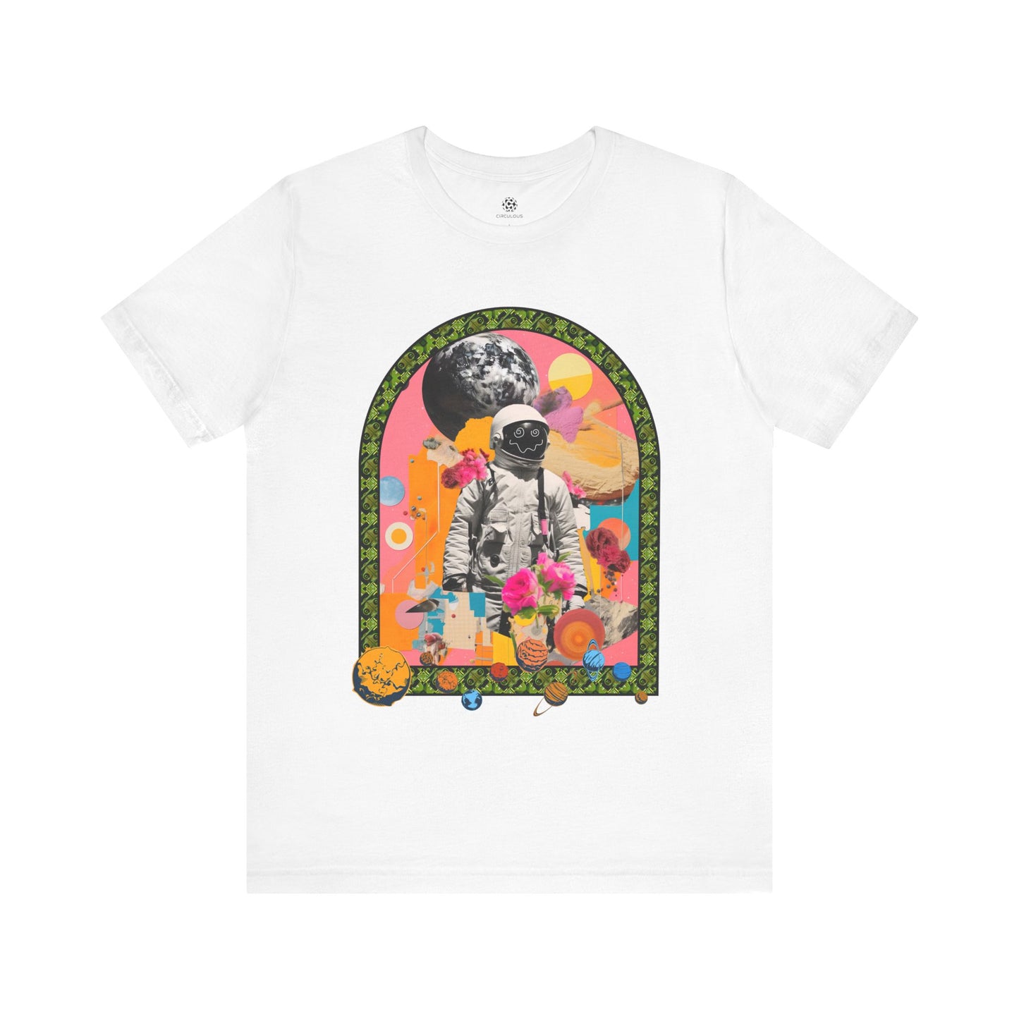Astral Garden graphic tee in white, astronaut inside a colorful portal with flowers and moon