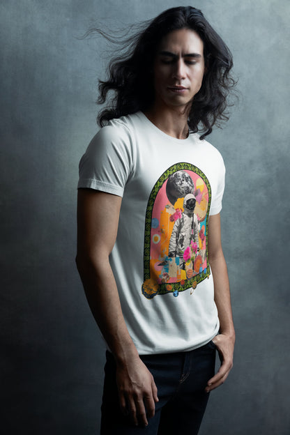 Close-up of Astral Garden design on white tee, astronaut, flowers, moon, portal frame