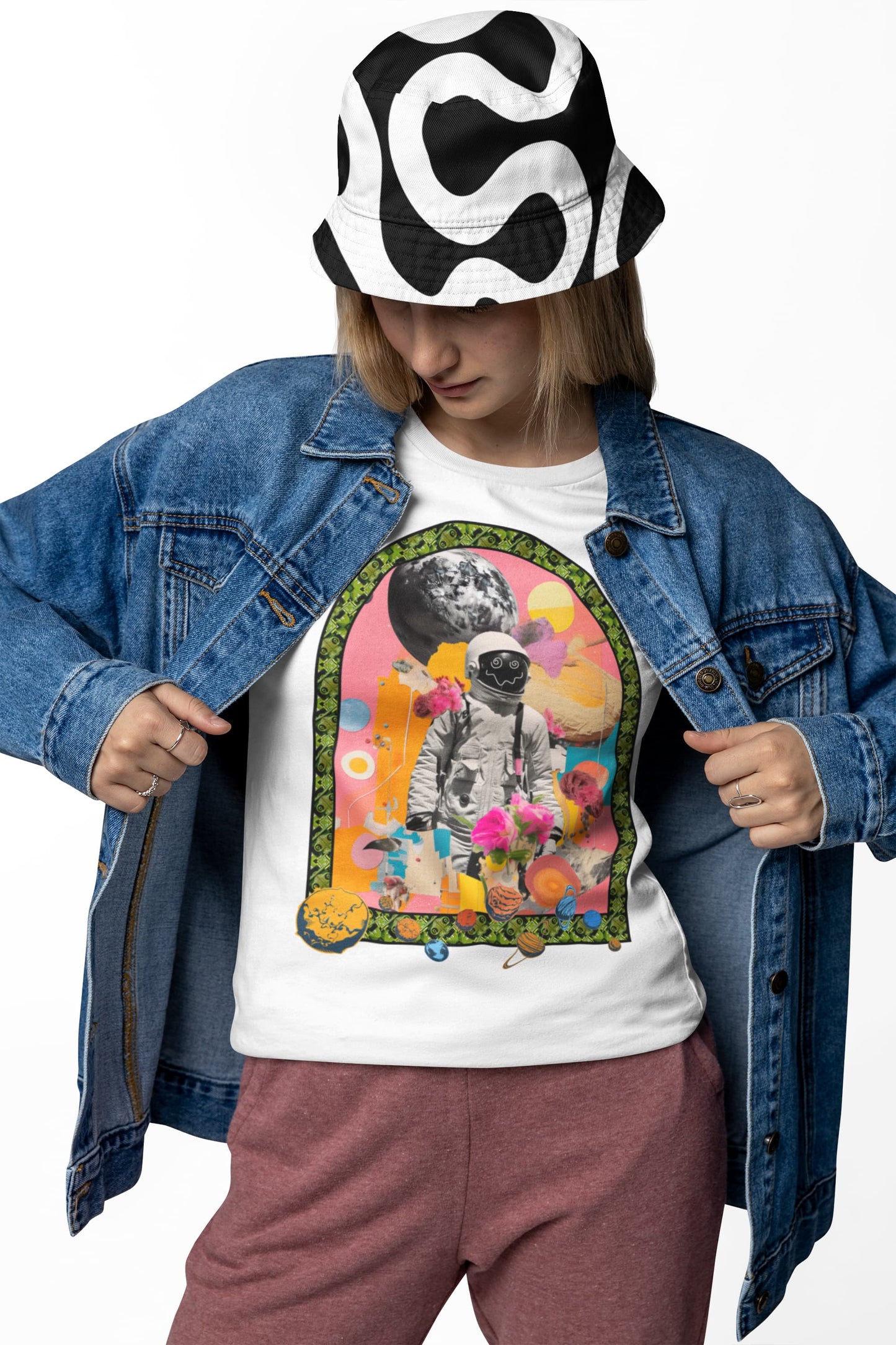 Astral Garden white tee styled with jacket, bright portal astronaut garden print clearly visible