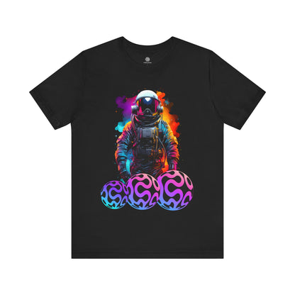 Black Astral Pioneer astronaut graphic t shirt, vivid space colors, three purple orbit shapes on the design