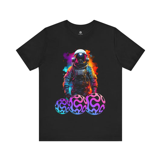Black Astral Pioneer astronaut graphic t shirt, vivid space colors, three purple orbit shapes on the design