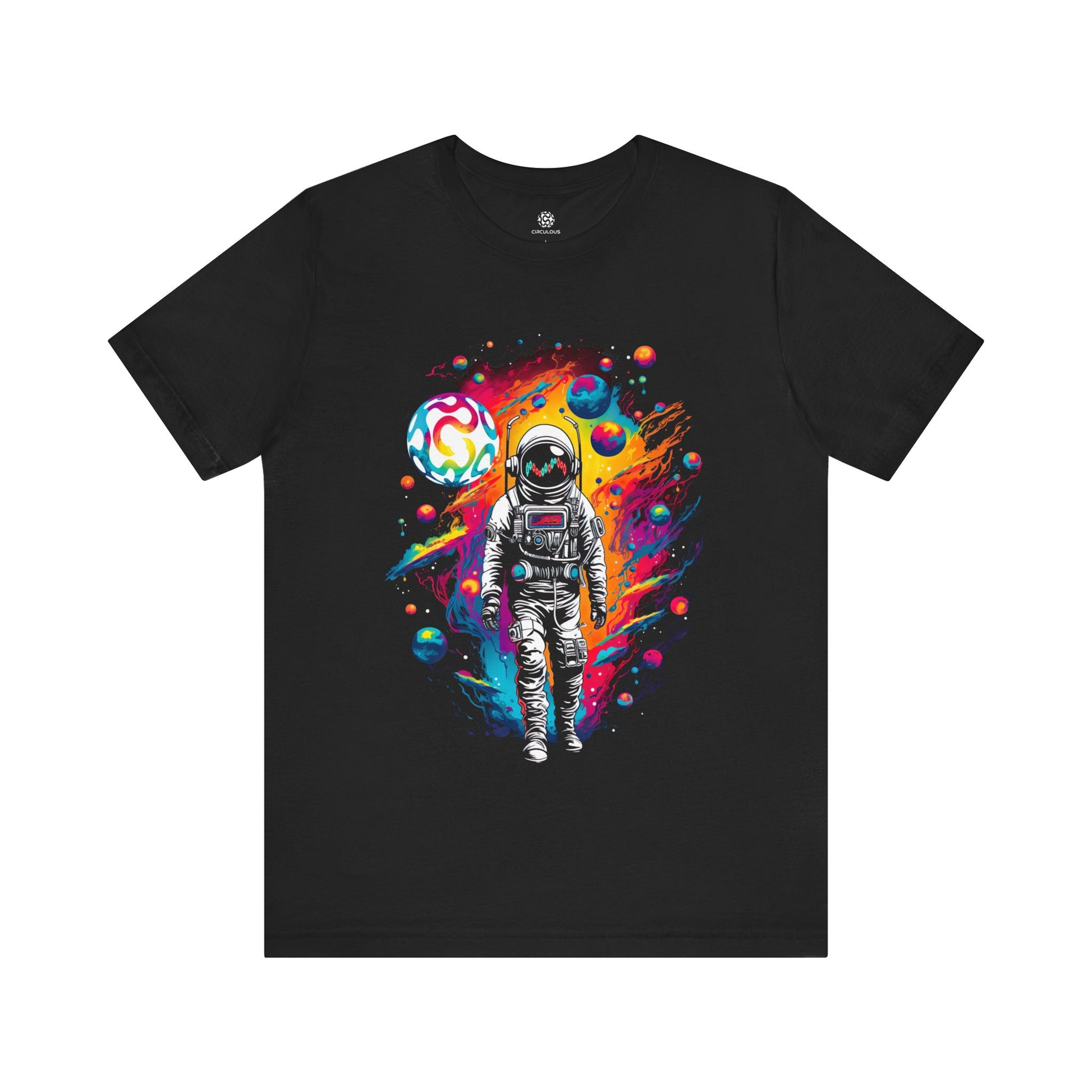 Astro Trader Tee, black, astronaut graphic t shirt with planets and trading charts