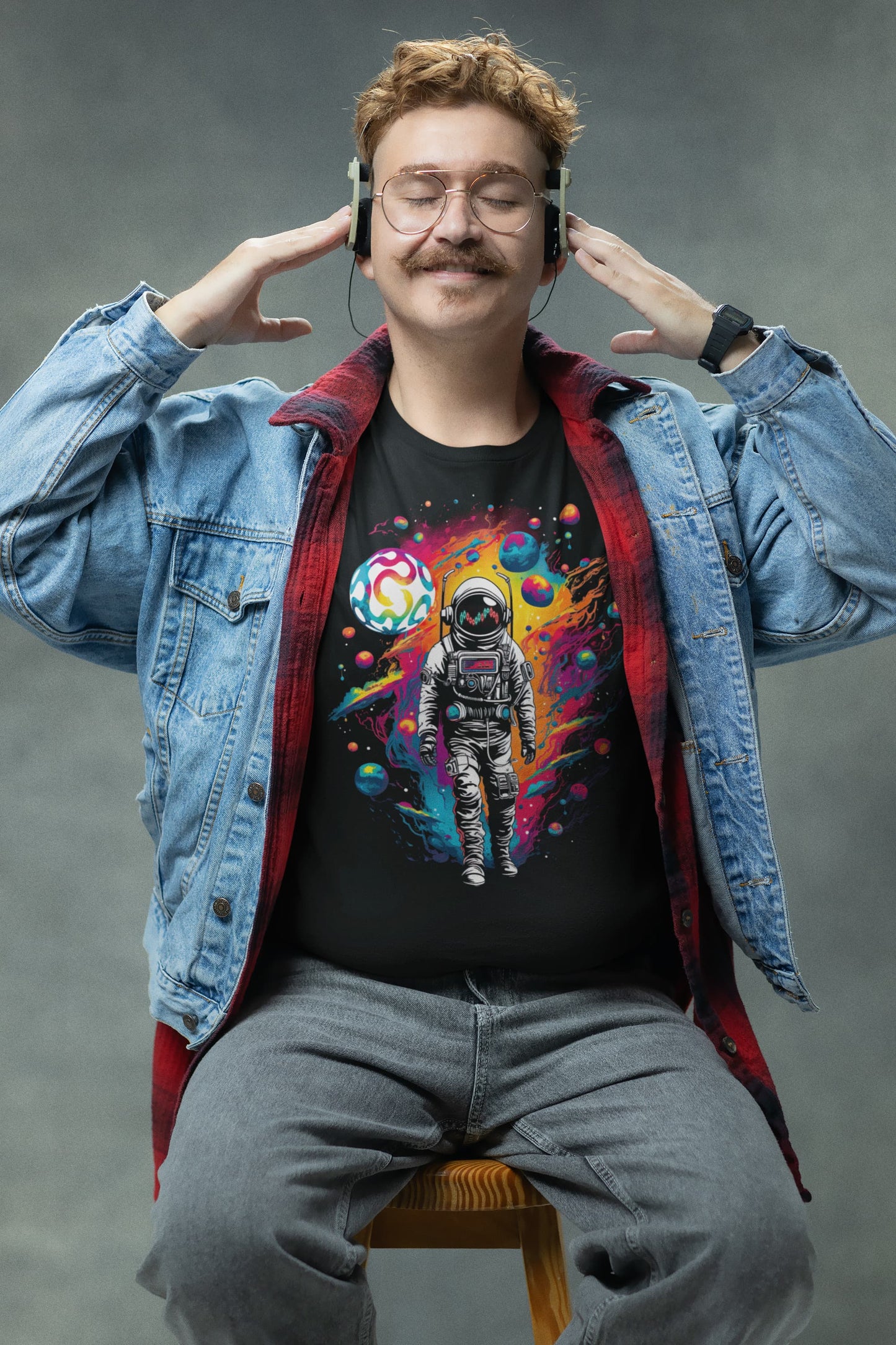 Astro Trader Tee in black, cosmic astronaut artwork, bold futuristic graphic