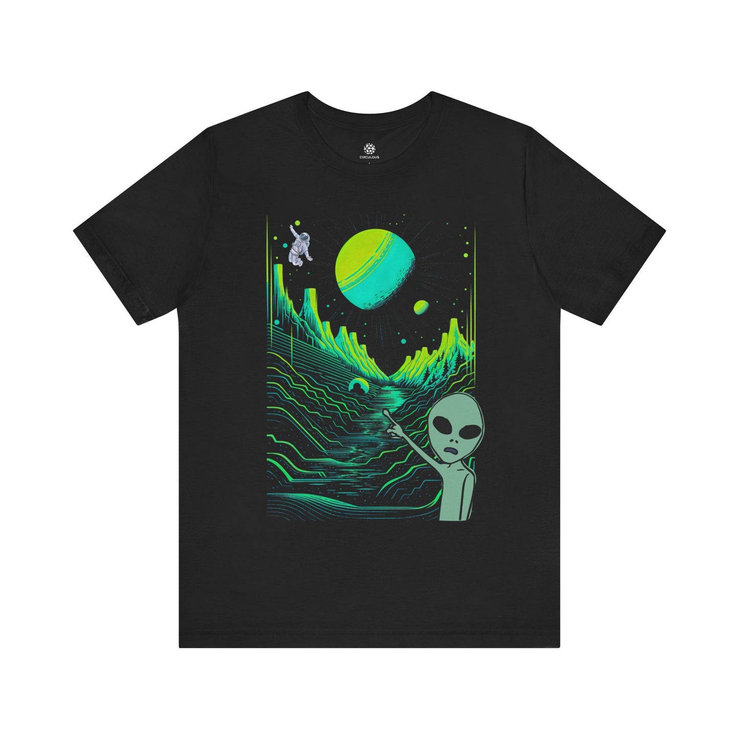 Astronaut Amigo tee, black, alien pointing at astronaut graphic