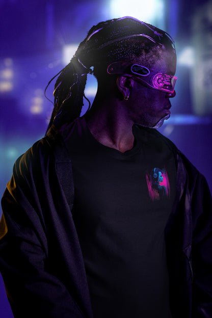 Audio Punk Tee, black, back print neon cyber audio print view