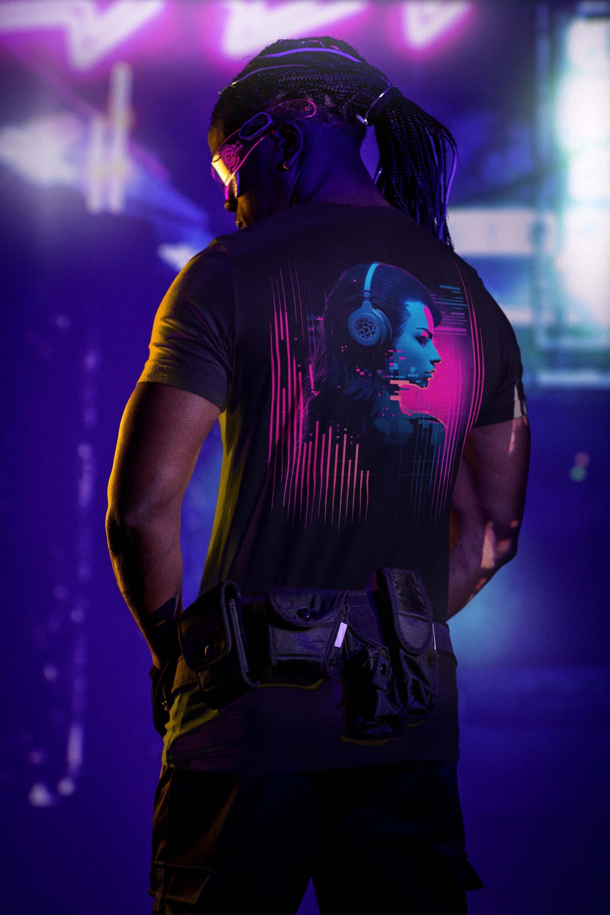 Audio Punk Tee, black, back print detail, neon glitch aesthetic