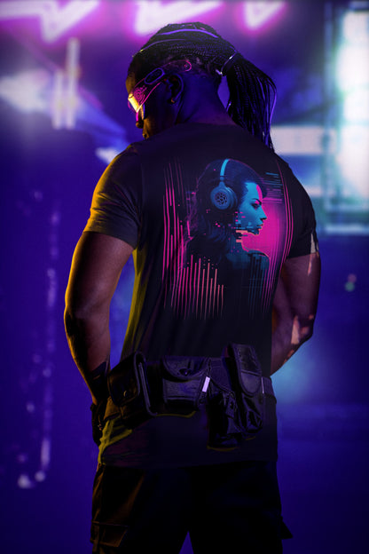 Audio Punk Tee, black, back print detail, neon glitch aesthetic