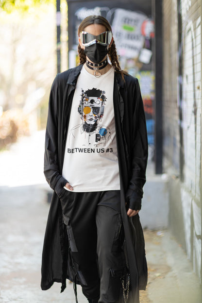 Between Us #3 white futuristic graphic t-shirt, front view
