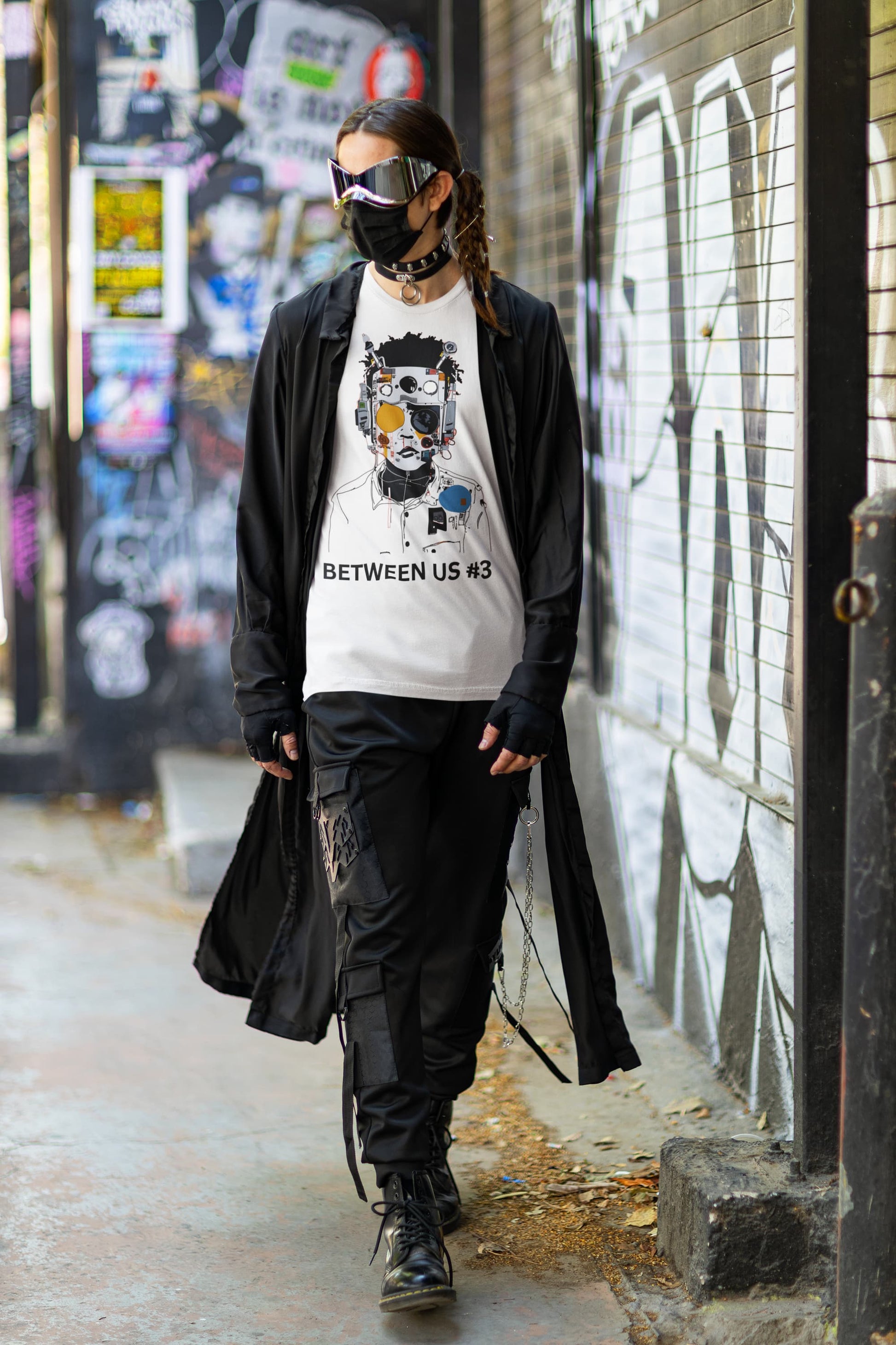 Between Us #3 white graphic tee with cyborg portrait print