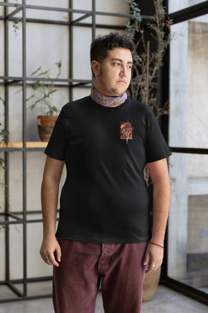 Ancient Wonders front view black tee small graphic subtle design

