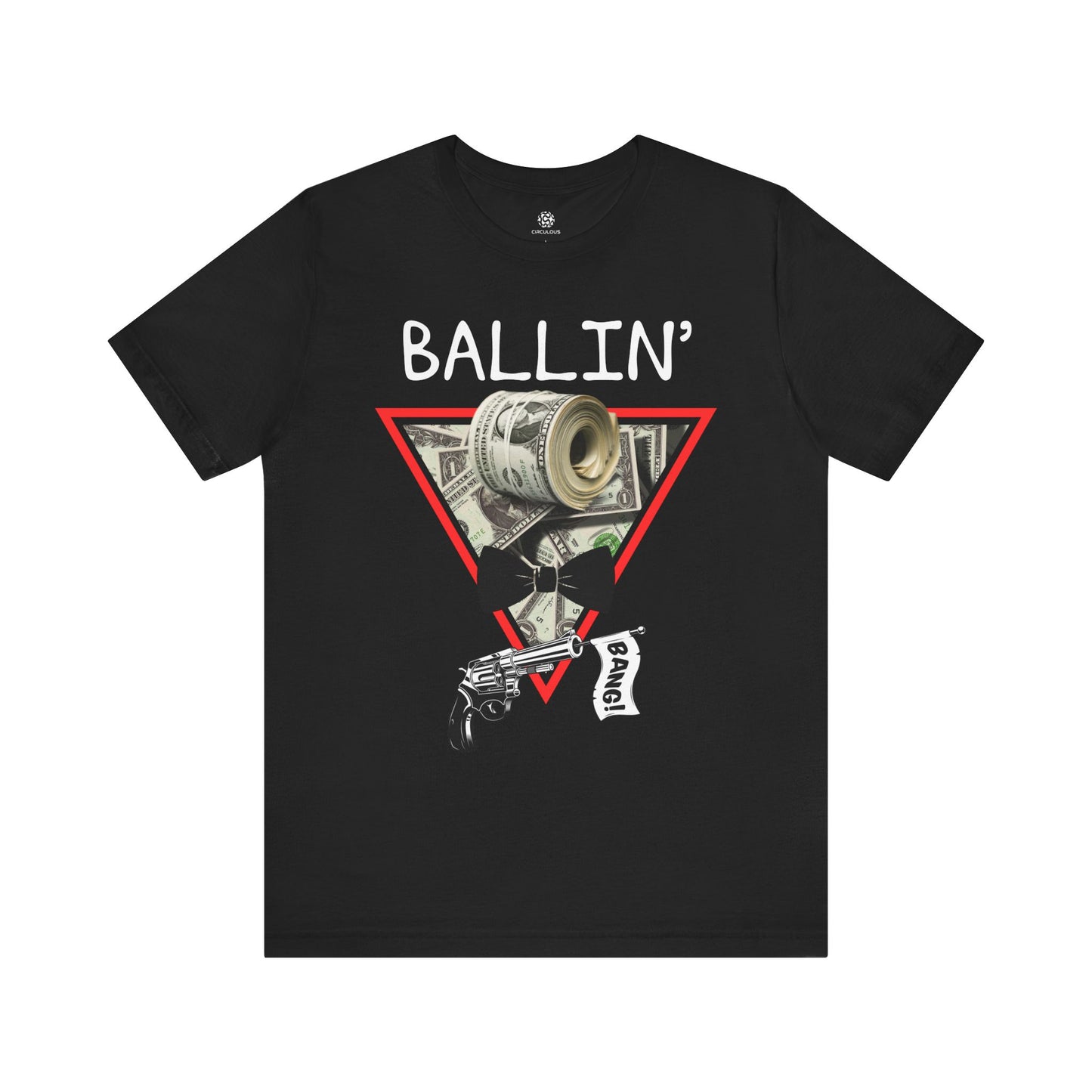 Ballin’ graphic tee on a black shirt mockup with crisp cash-roll collage graphic