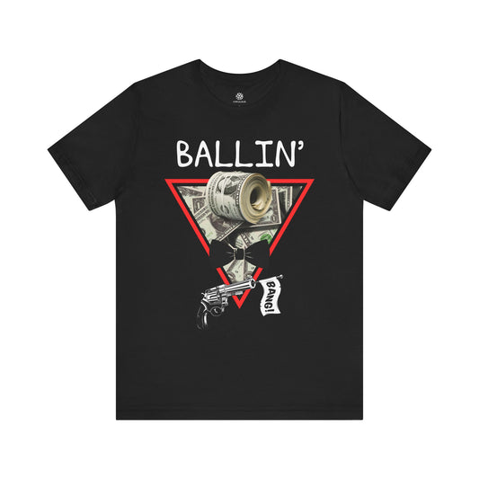 Ballin’ graphic tee on a black shirt mockup with crisp cash-roll collage graphic