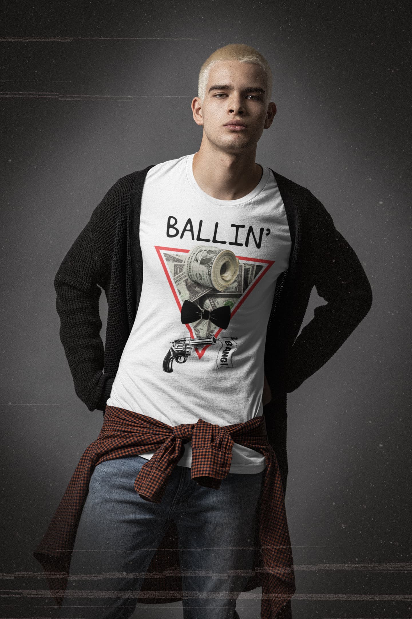 Close-up of Ballin’ graphic on a white tee with cash-roll and bowtie details