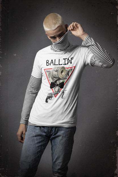 Lifestyle mockup of the Ballin’ white graphic tee with bold headline design