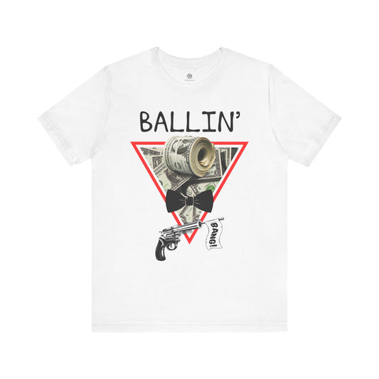 Ballin’ graphic tee on a white shirt mockup with cash-roll and bowtie design
