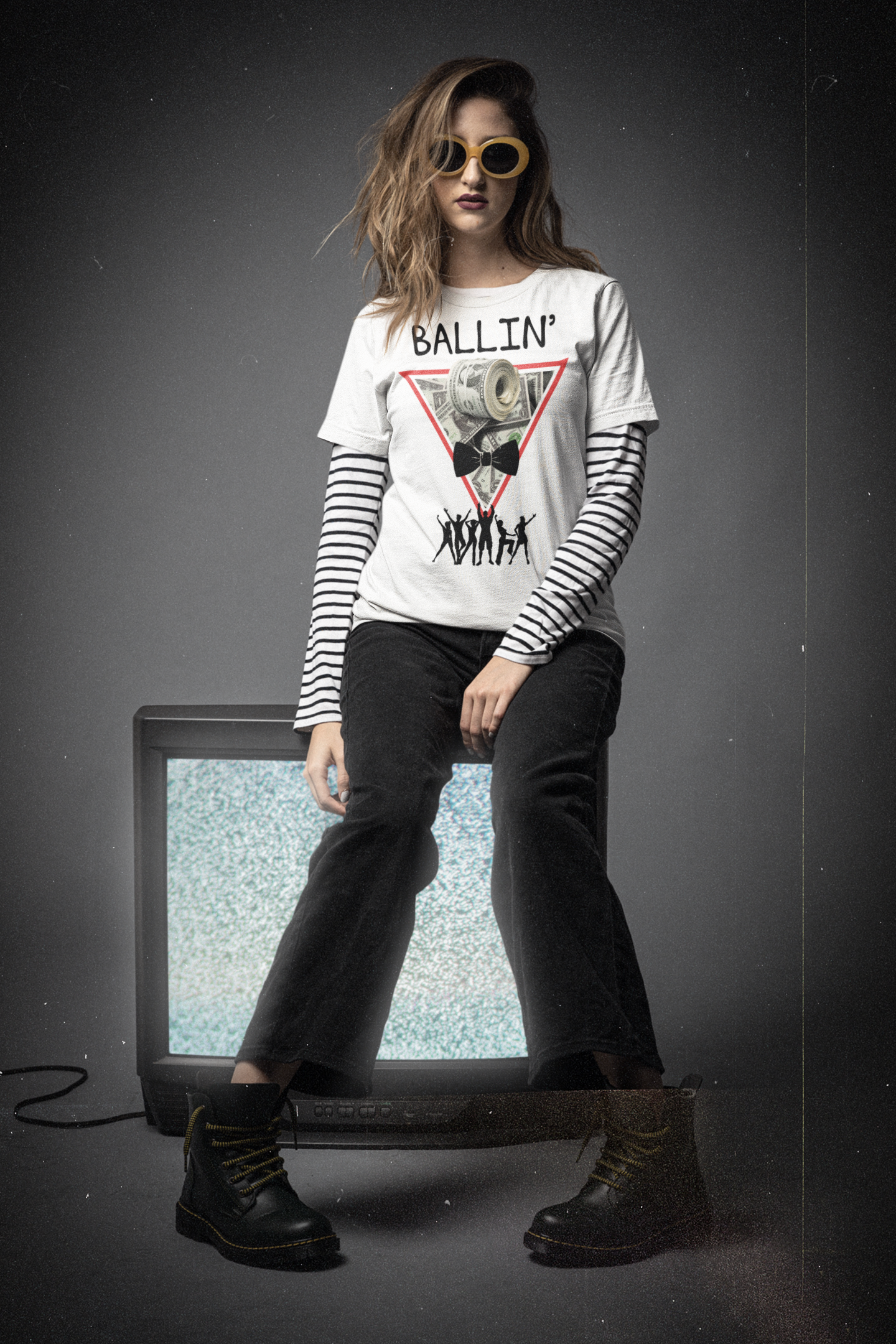 White Ballin’ graphic tee mockup featuring the bold triangle cash-and-bowtie artwork
