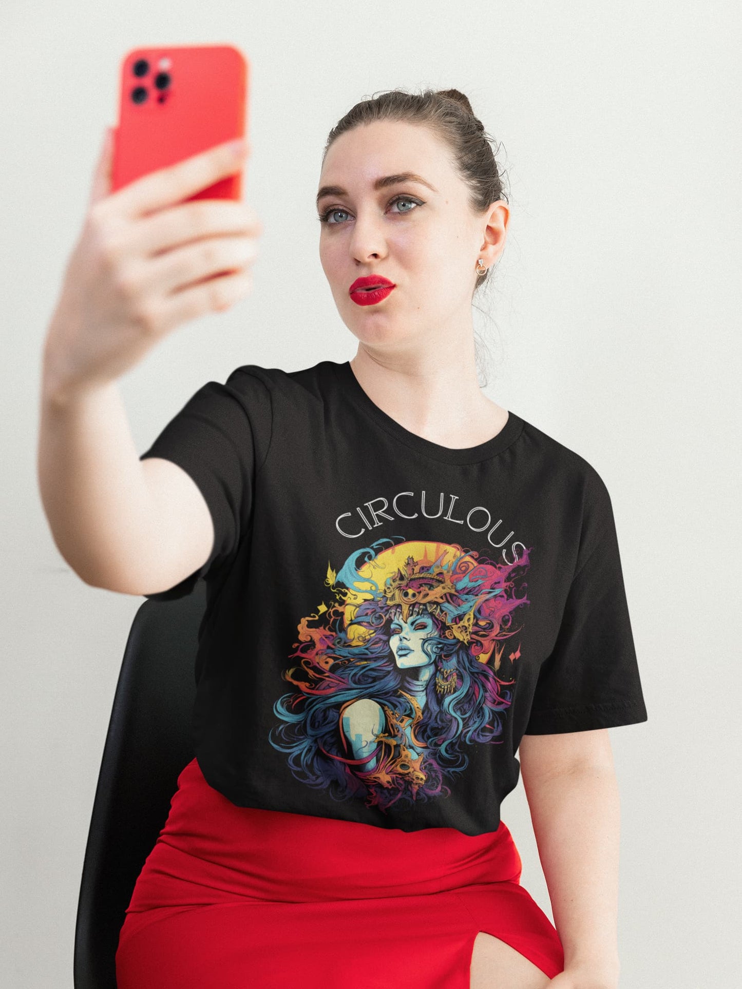 Close-up of the Celestial Queen artwork printed on a black galaxy tee shirt