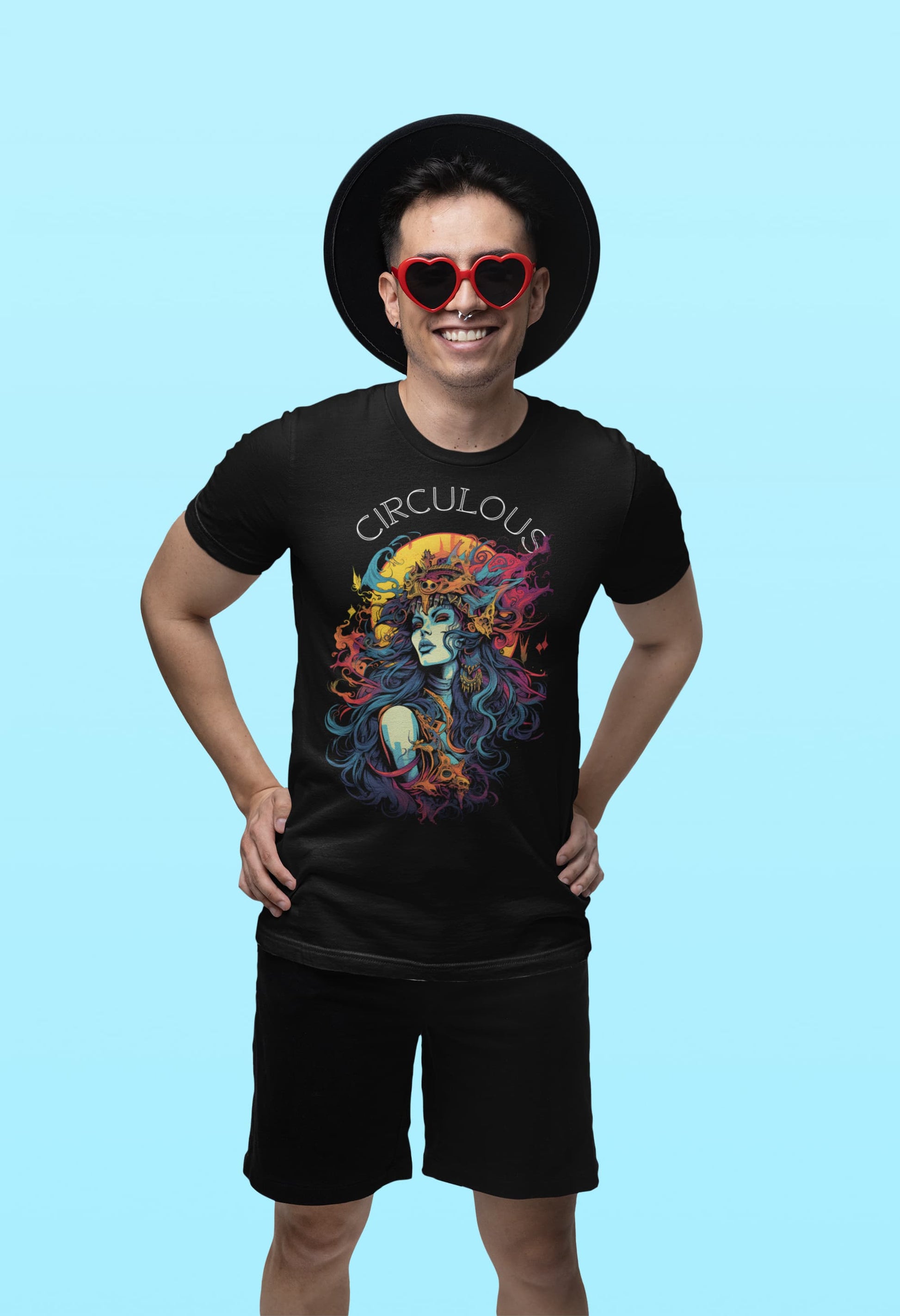 Studio portrait of a model wearing the Celestial Queen galaxy tee shirt in black