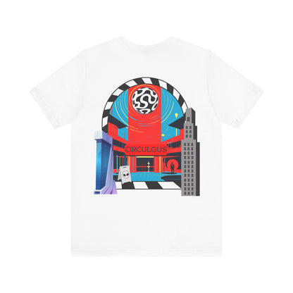 White graphic tee Circulous Headquarters back print design

