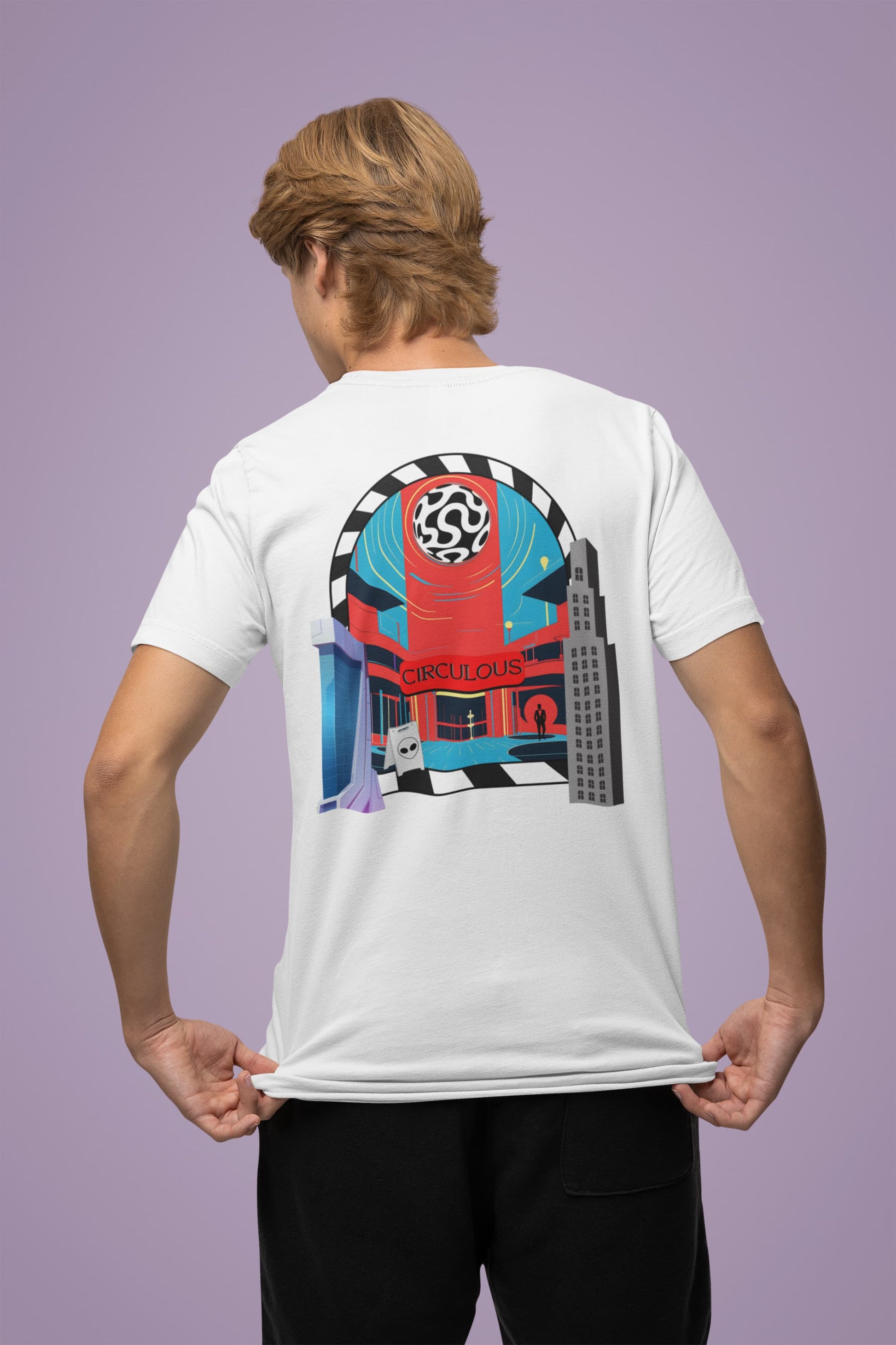 back print white Retro futuristic graphic tee Circulous Headquarters brand story
