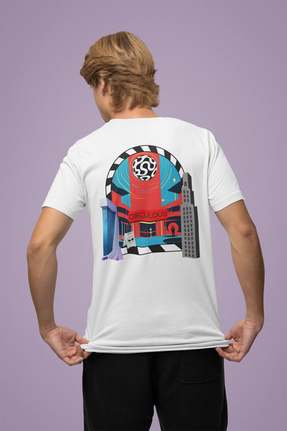 back print white Retro futuristic graphic tee Circulous Headquarters brand story
