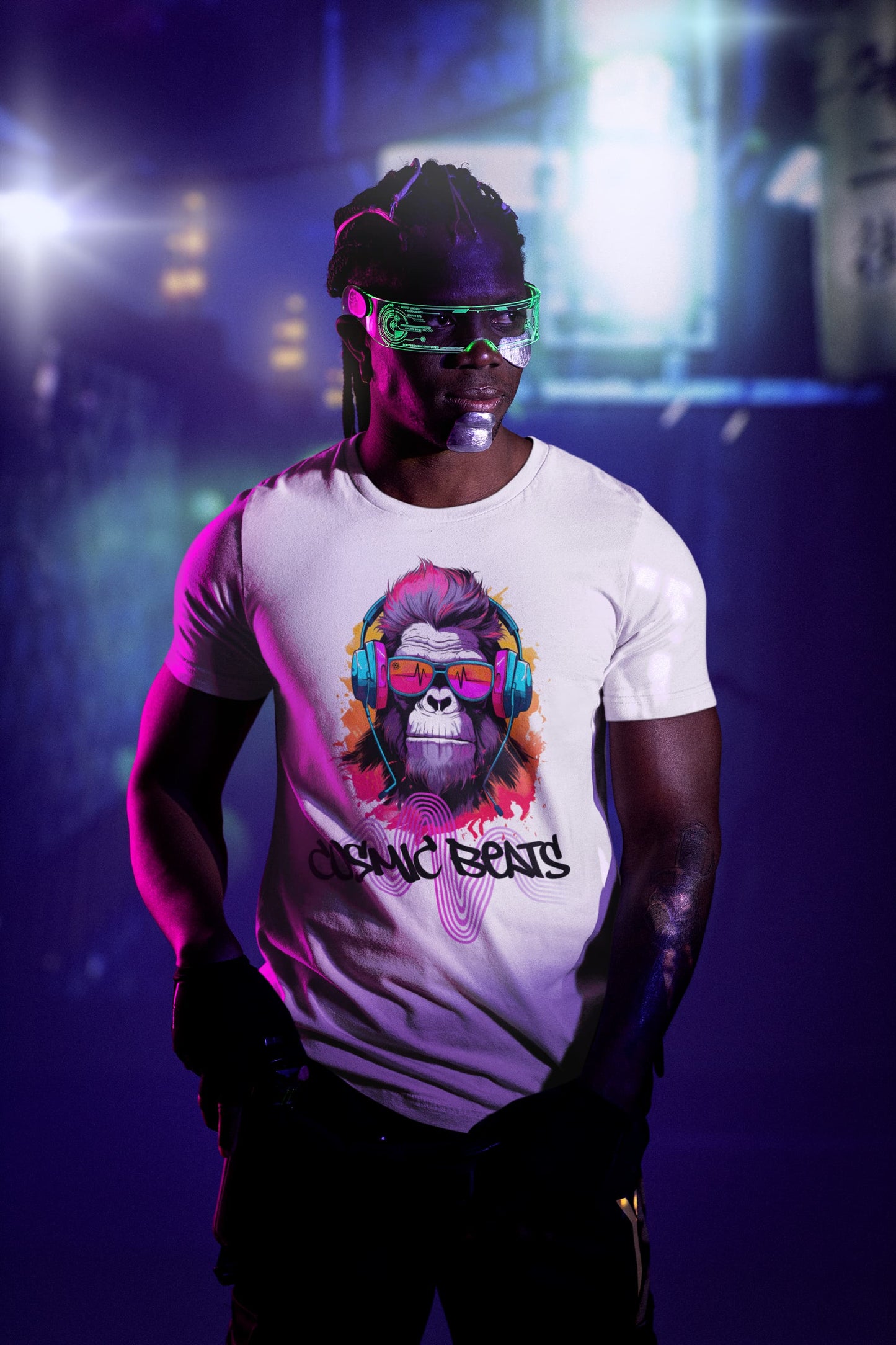 White graphic tee Cosmic Beats vintage style music lover