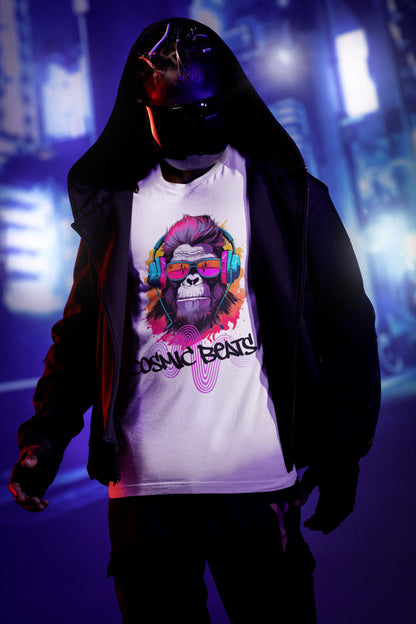 Retro music tee cosmic beats white streetwear shirt