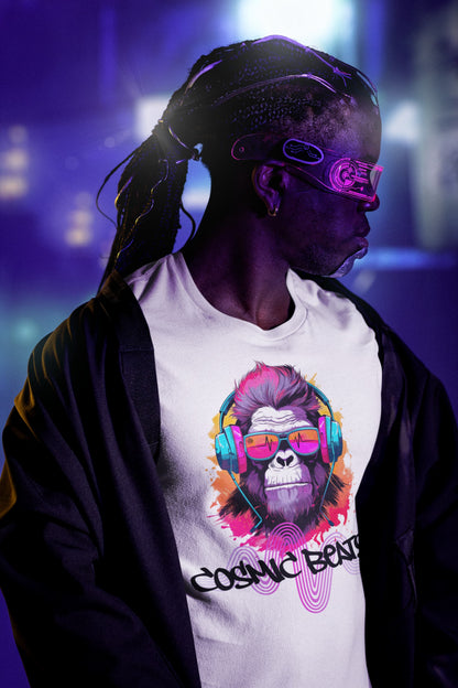 Cosmic Beats white t-shirt vibrant retro music graphic