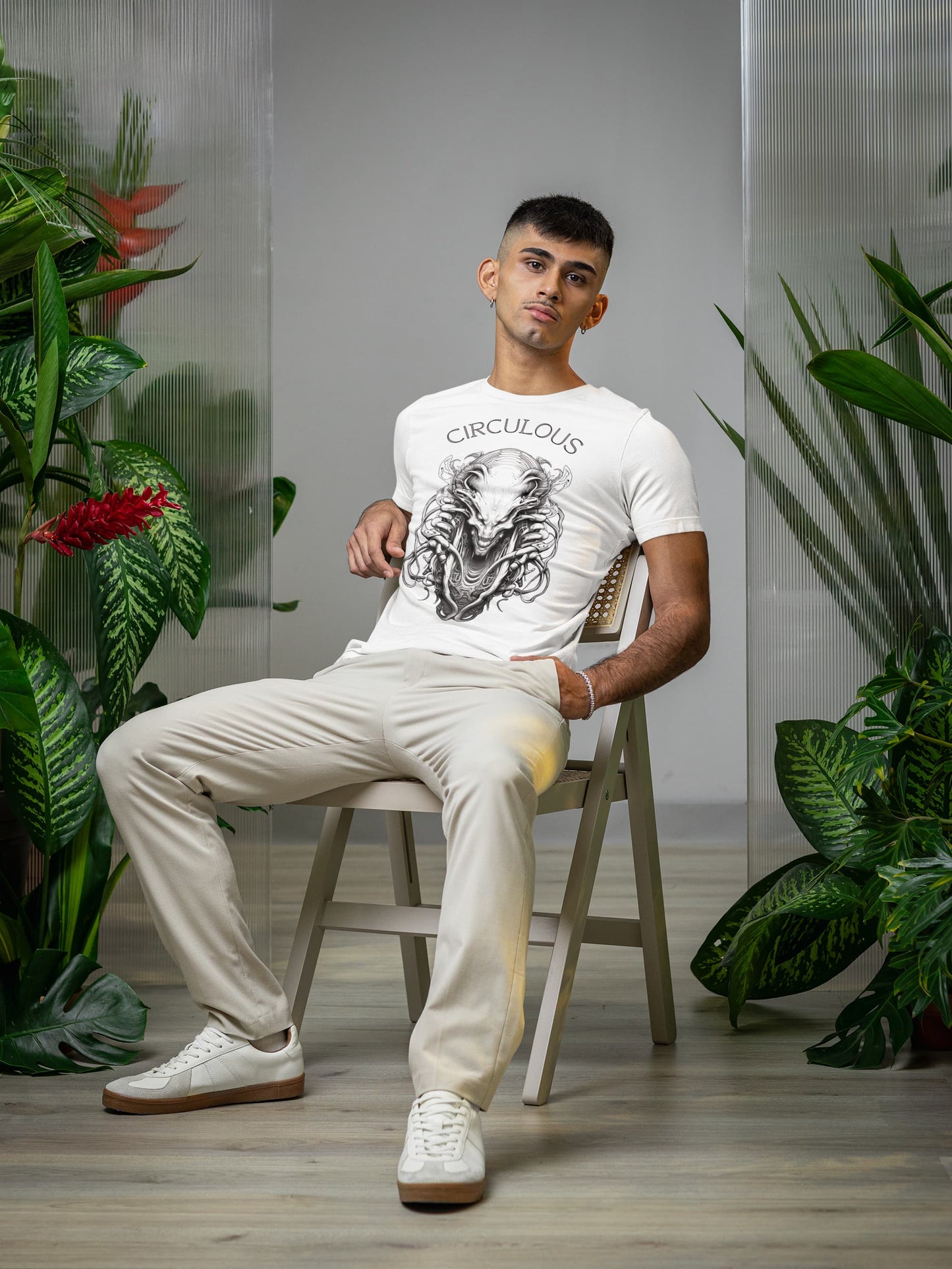 White graphic tee Cosmic Character sci-fi alien portrait art
