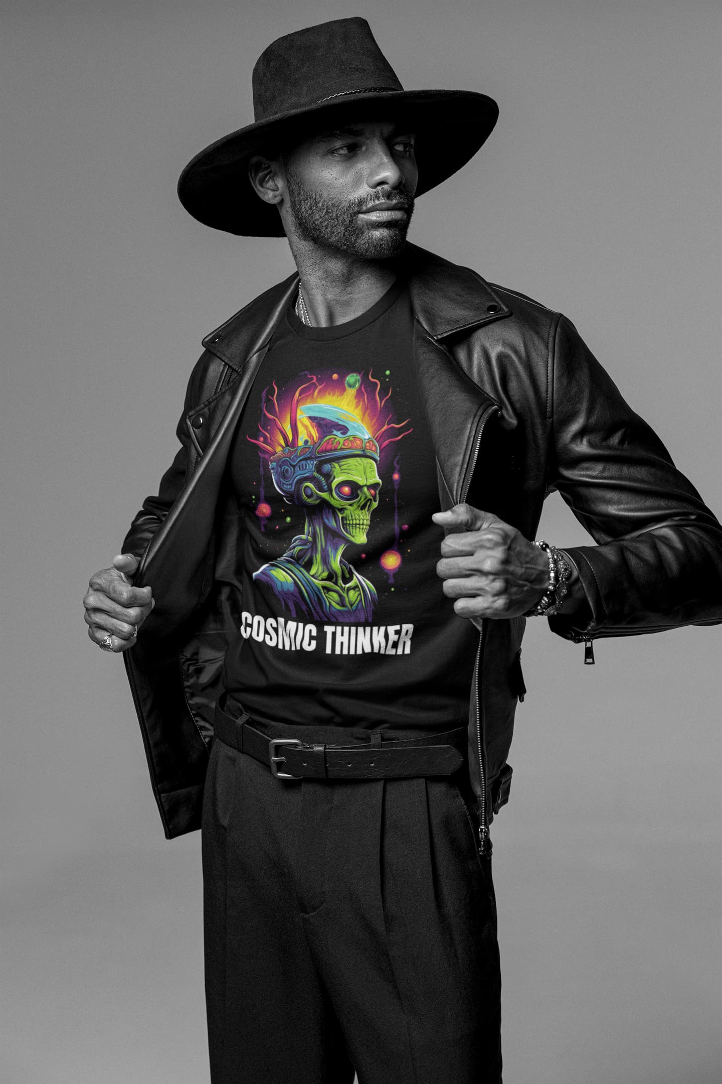 Cosmic Thinker alien t-shirt neon brain skeleton design
