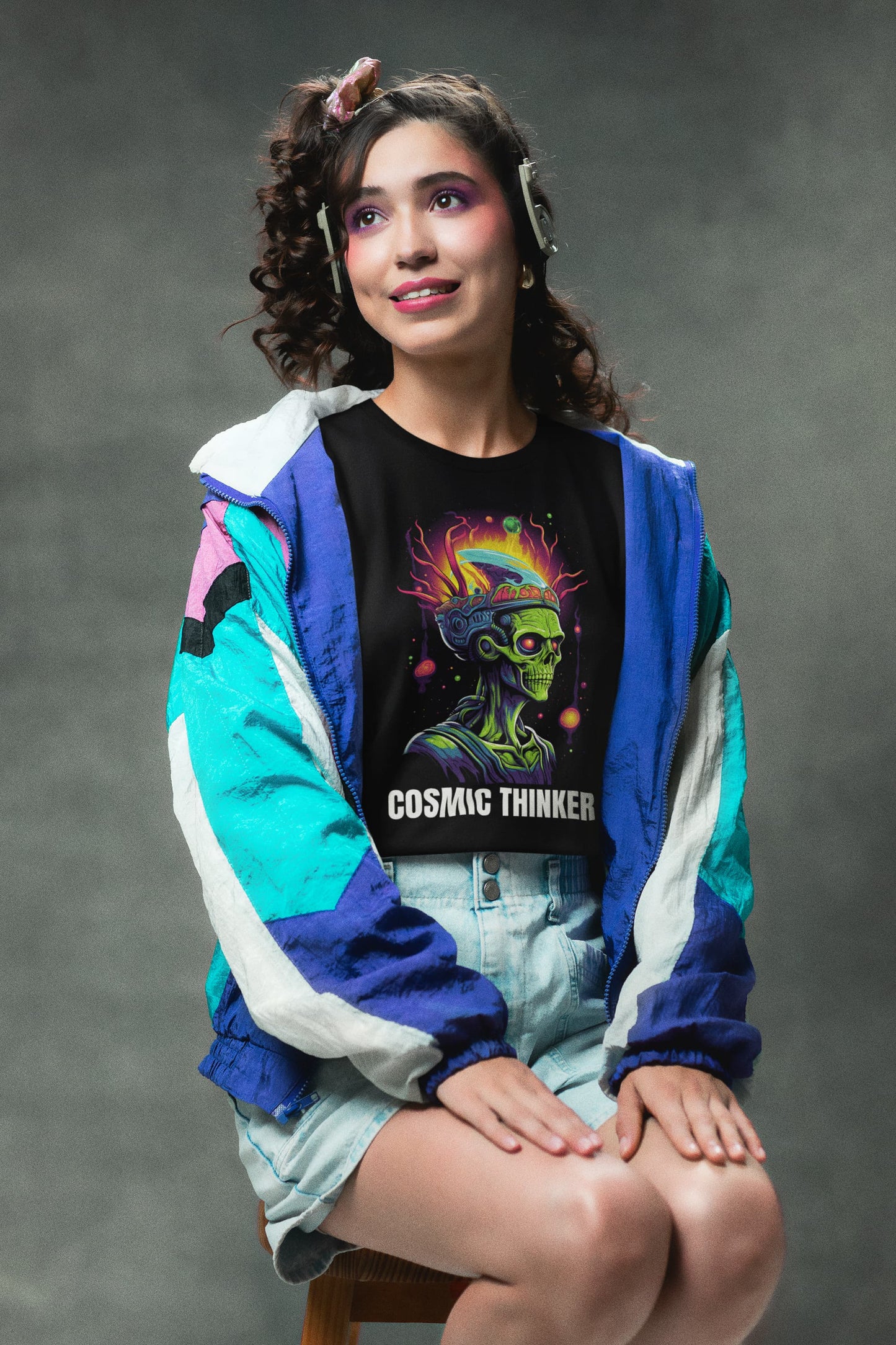 Black graphic tee Cosmic Thinker psychedelic alien art planets
